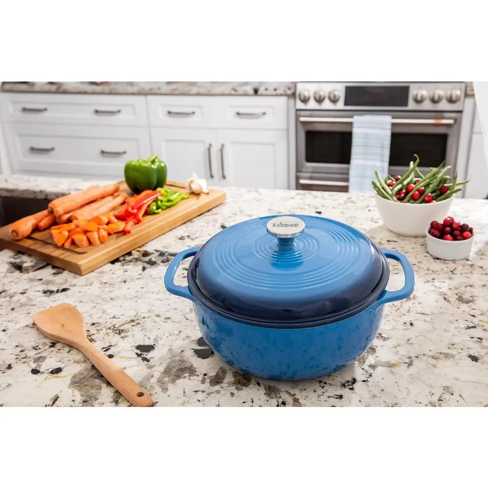 Lodge 6 Quart Enameled Cast Iron Dutch Oven with Lid – Dual Handles – Oven Safe up to 500° F BLUE