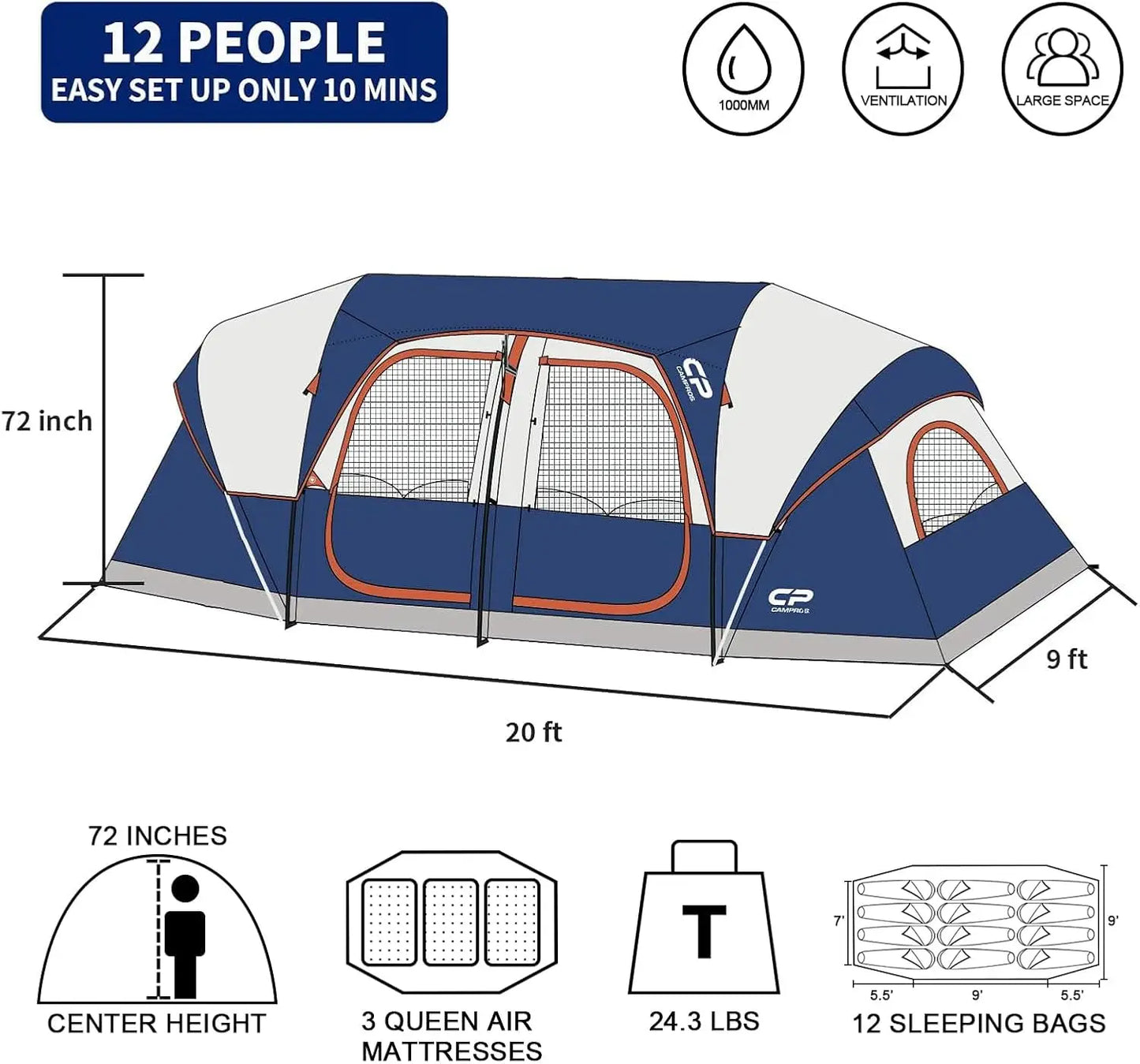12-Person Family Camping Tent, Waterproof Windproof, 3 Rooms, Carry Bag - 20' x 9' x 72"