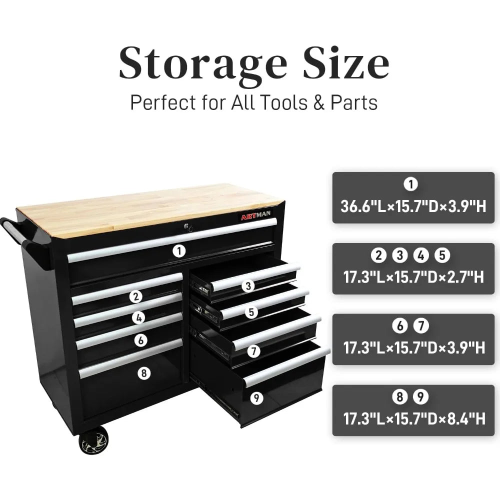 Heavy Duty Rolling Chest with 9-Drawer Wood Top Tool Cart Mechanic Tool Box with Wheels Tool Storage