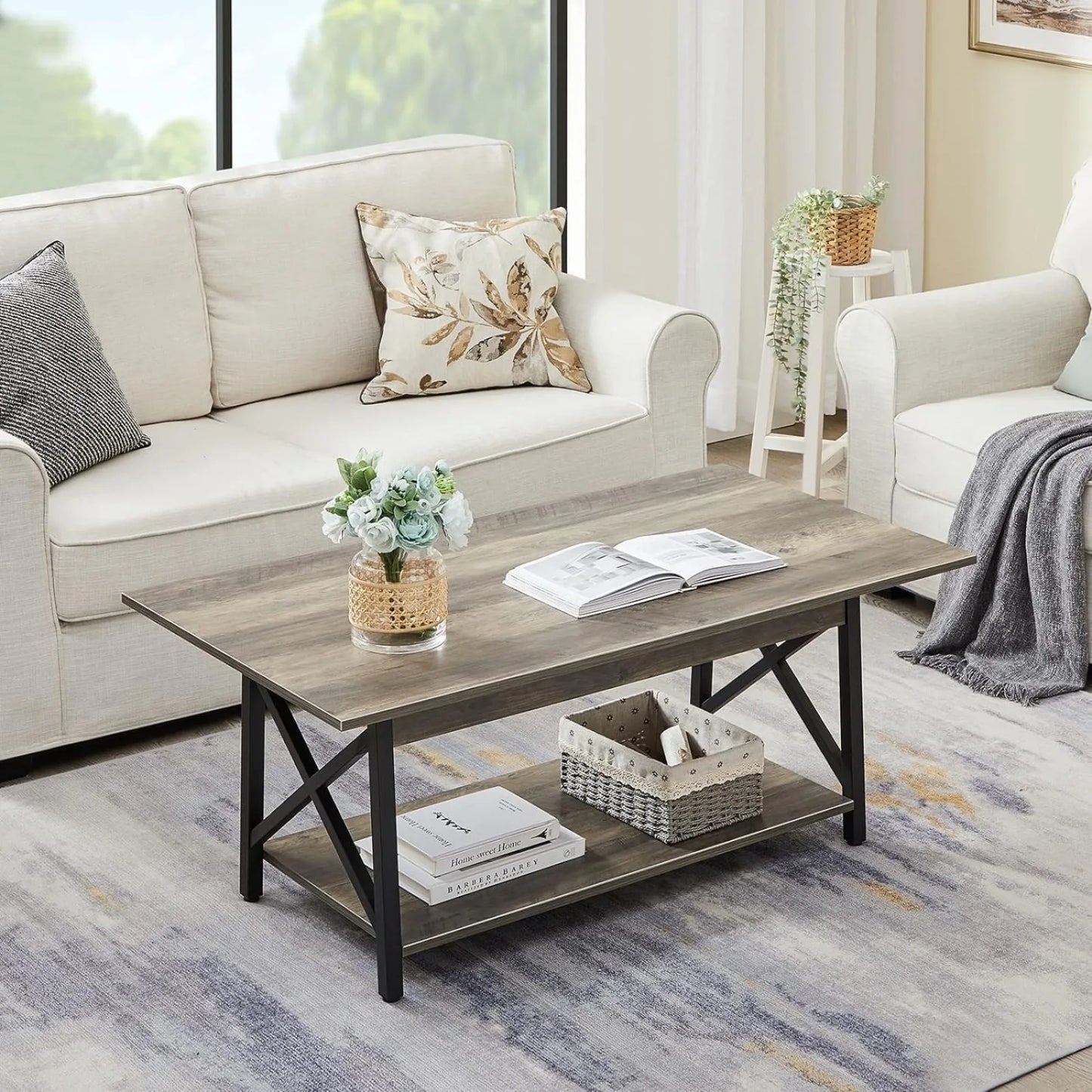 US Coffee Table with Storage, 39inch Modern Coffee Tables for Living Room, X-Frame Design Farmhouse