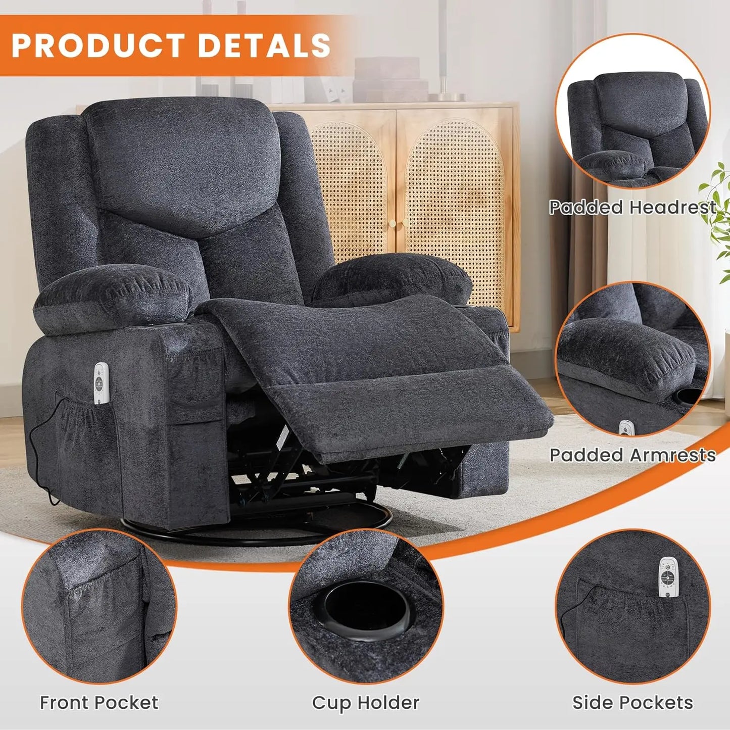 Swivel Recliner Chair for Adults,Oversized Rocker Recliner w/Massage and Lumbar Heat,Rocking Chair
