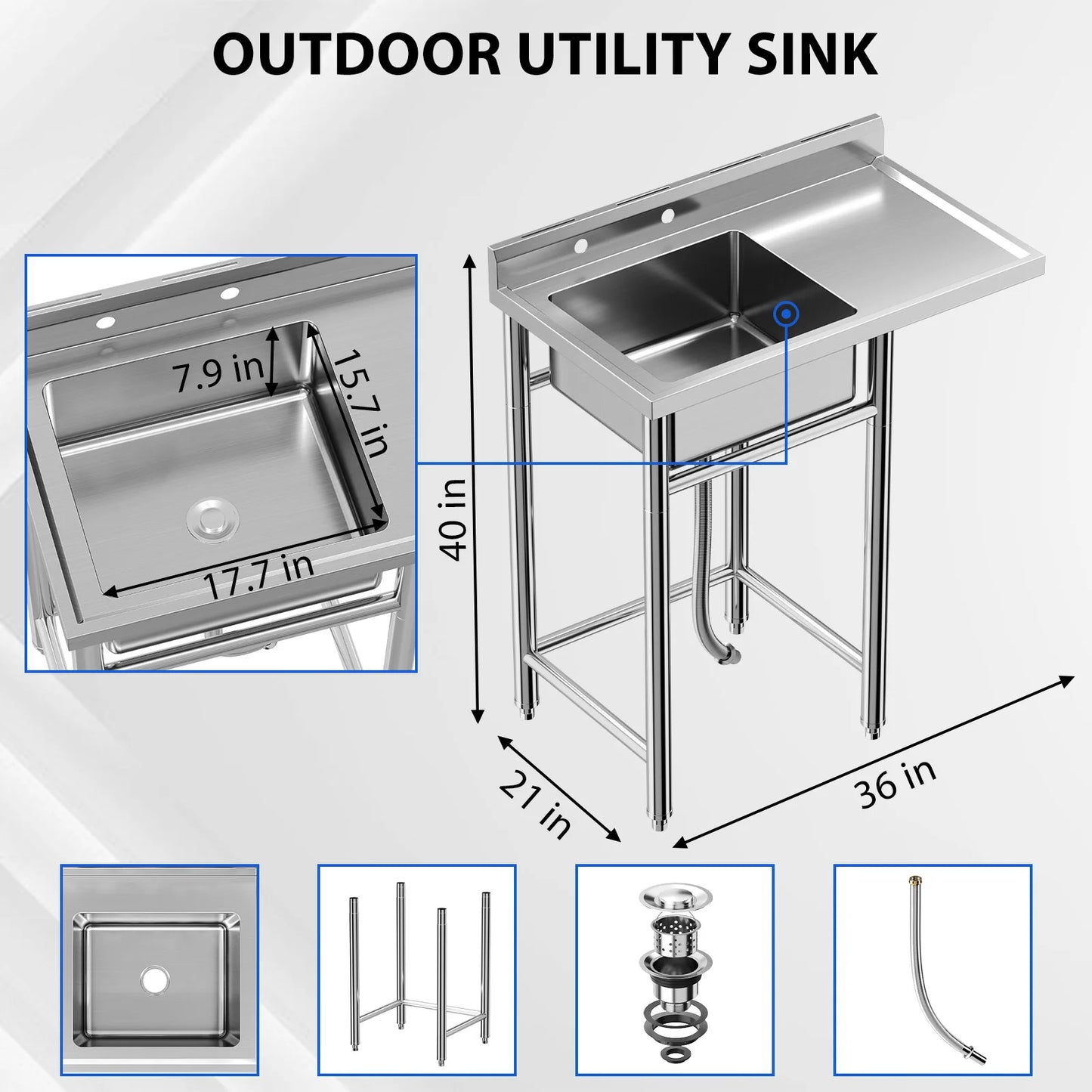 Stainless Steel Utility Sink - 36x21x40 In, Free Standing Single Bowl, Commercial Kitchen Sink Set