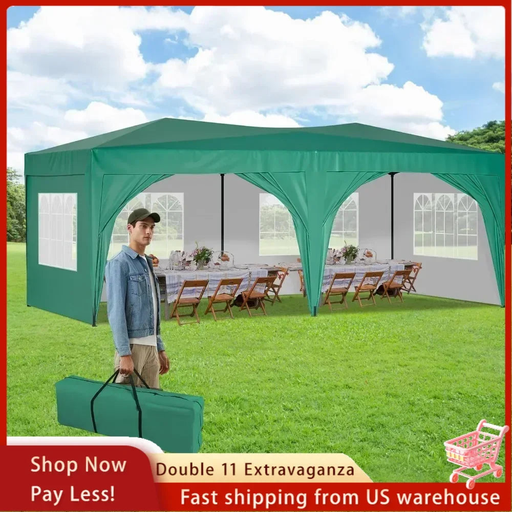 Awning 10x20 w/Sidewalls, Sun-Resistant Heavy Duty 10x20 Pop Up Canopy w/6 Sand Bags, Green Foldable