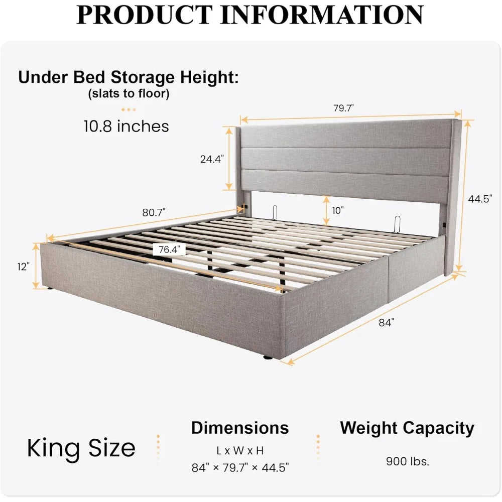 King Size Lift Up w/ Bed Headboard/Upholstered Platform Bed Frame/Hydraulic Storage/No Box Spring