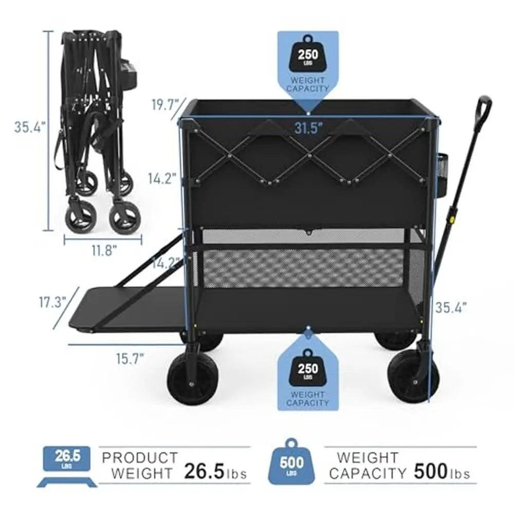 Folding Double Decker Wagon 47" Long Extender Cart 500lbs Heavy Duty All-Terrain Wheels Max Load