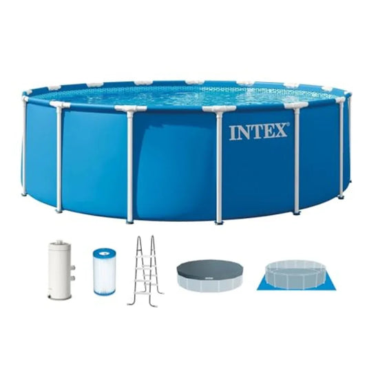 INTEX Above Ground Pool Set: Steel Frame, 15 ft x 48 in Round, Metallic Gray, Rust-Resistant Coating