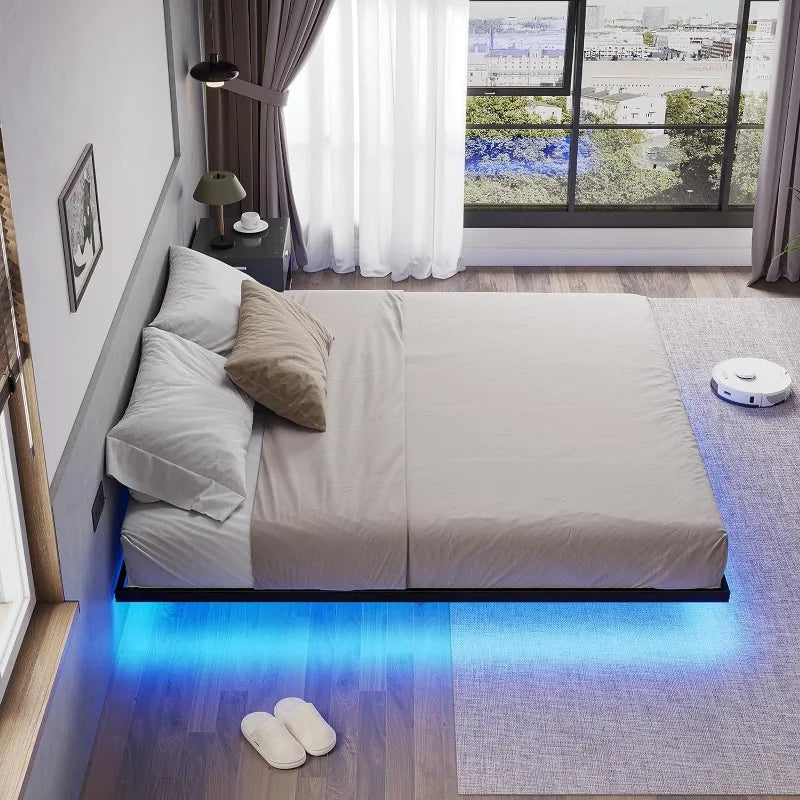 Floating Bed Frame with LED Lights, Metal Platform Full Bed, No Box Spring Needed