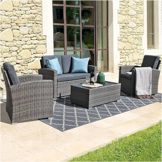 Patio Furniture 4 Pcs Set w/Tempered Glass Coffee Table, Outdoor Patio Furniture Set