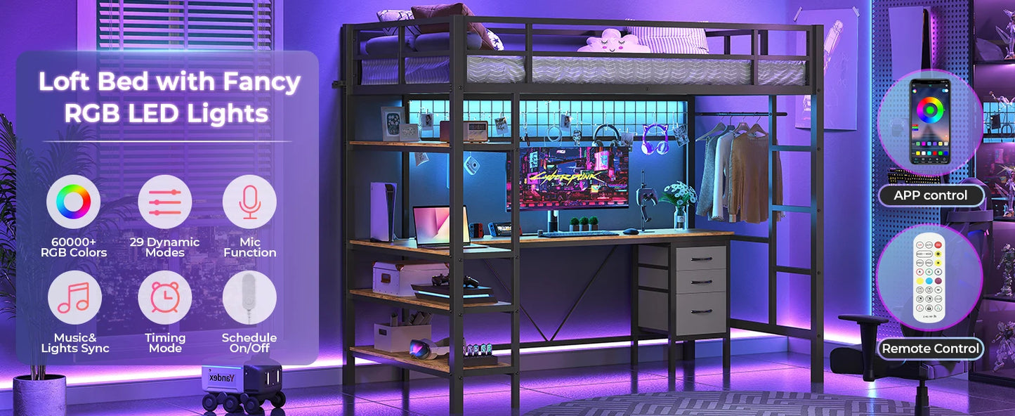 Loft Bed Twin Size, L-Shaped Desk Charging Station and LED Lights, 4-Tier Bookshelf and 3 Drawers