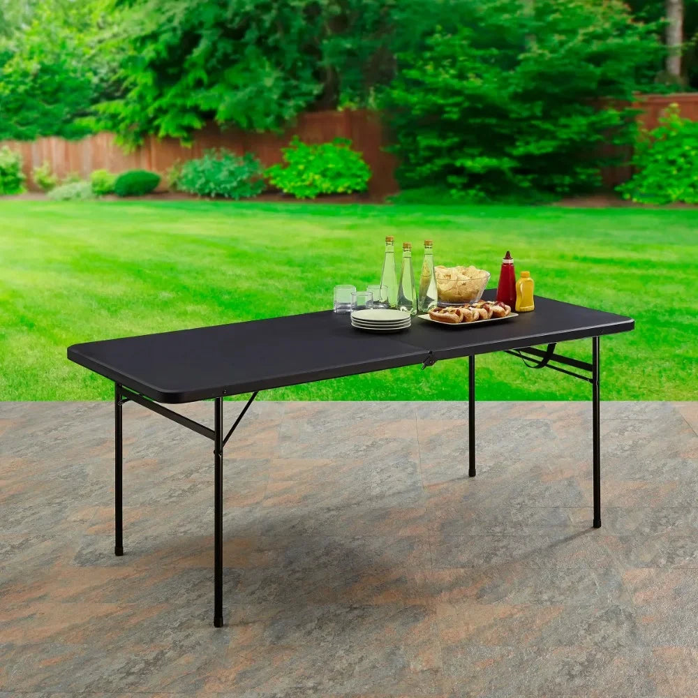 6 Foot Bi-Fold Plastic Folding Table Black The rectangular table is sturdy and durable Mainstays