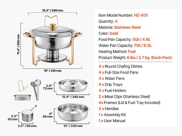 SucceBuy 4 Pack Chafing Dish Buffet Set Stainless Steel Chafer w/4 Full Size Pan Round