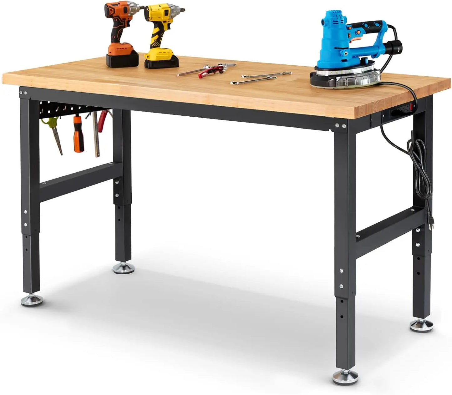 Workbench for Garage Adjustable Height Work Bench with Pegboard Power Outlets Rubber Wood Tabletop