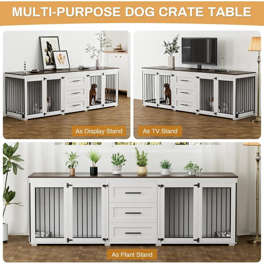 94.5" Large Dog Crate Furniture/2 Dogs, Double Wooden Dog Kennel Furniture/4 Dog Bowls & 3 Drawers