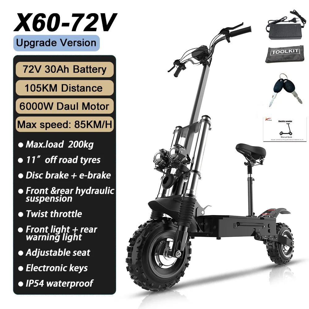 55-85KM/H Speed Electric Scooter 1200W - 6000W Dual Motor 11" Off Road Tire 100KM E Scooter