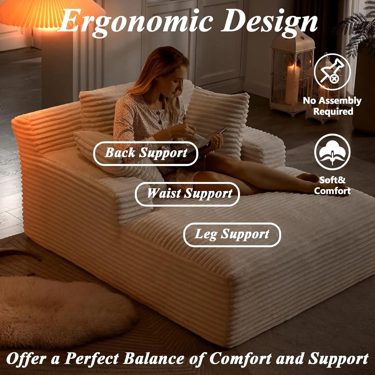 Oversized Chaise Lounge Chair with 3 Comfy Pillows for Living Room Bedroom, Wide Arms Corduroy