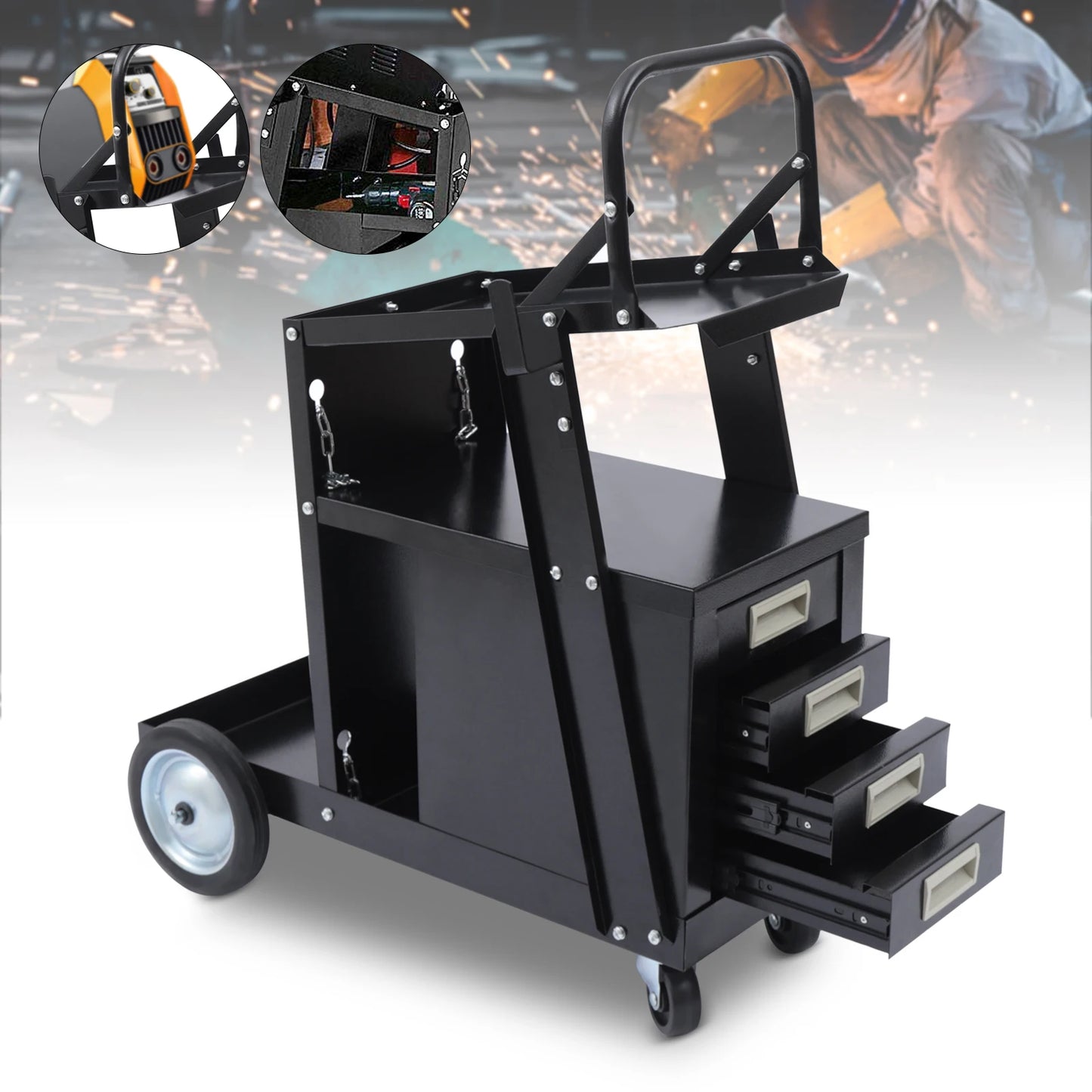 Black Heavy Duty Rolling Welding Cart, With 4 Drawers & Upgraded Wheels & Tank Storage