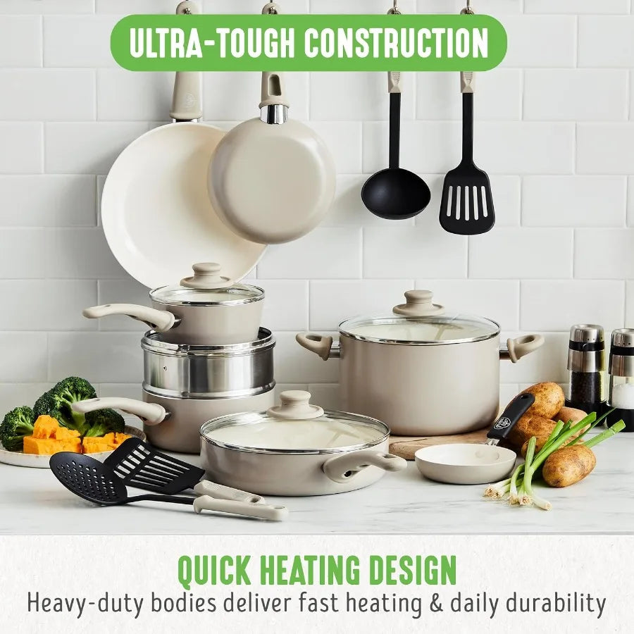 16 Piece Nonstick Cookware Set w/Soft Grip Handles for Everyday Cooking NonToxic PFAS-Free Ceramic