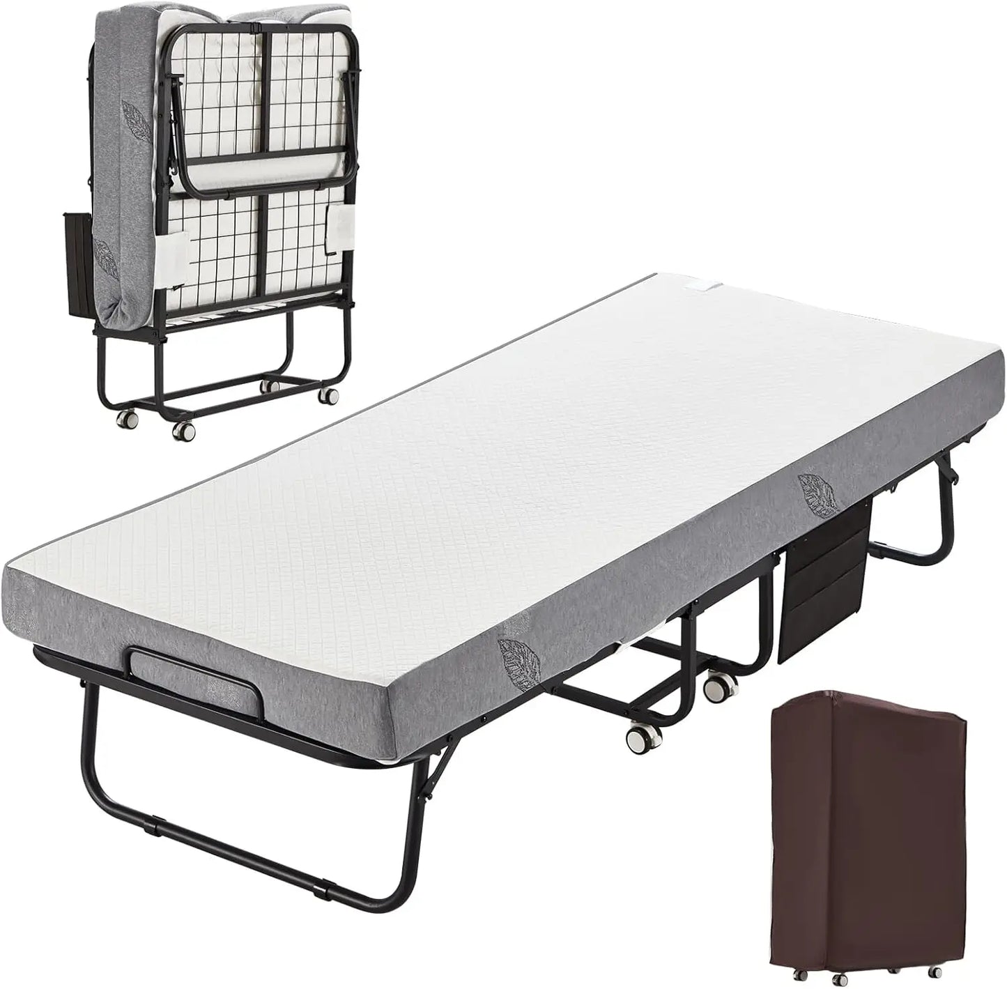 Single Cot Size Folding Bed w/ Mattress,Portable Rollaway Guest Bed with 5 Inch Foam Mattress