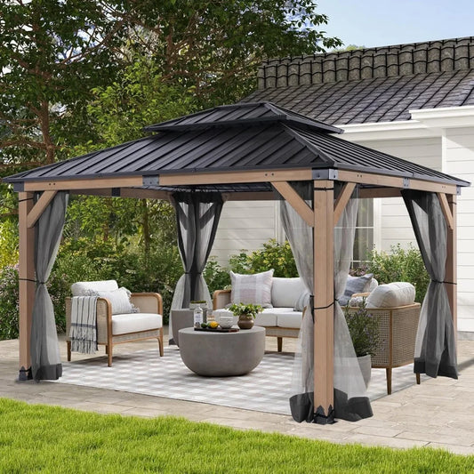 Wood Gazebo 10x12 ft –Gazebo Wooden with Double Metal Roof with Mosquito Netting