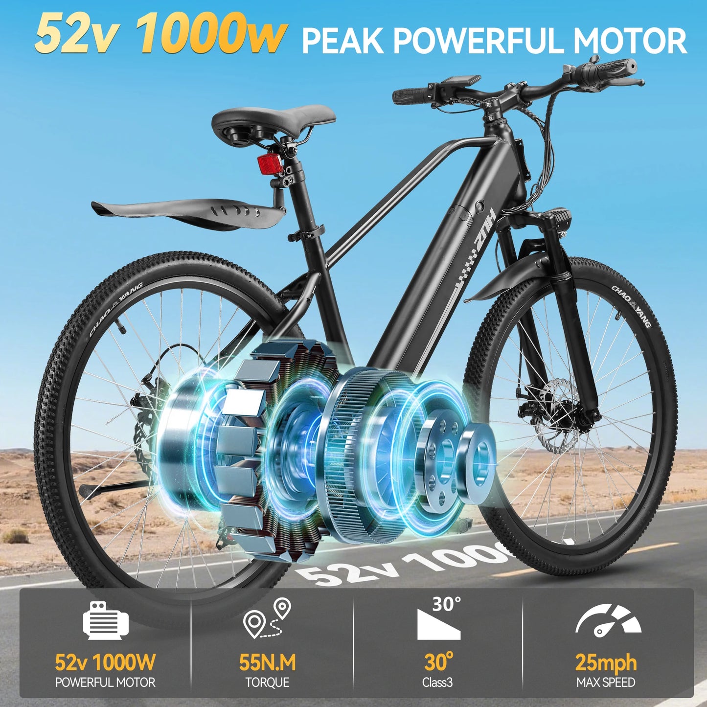 Electric Bicycle 1000W Peak Motor,48V Removable Battery Electric Bike,20MPH,7-Speed,26"Tire E-bike