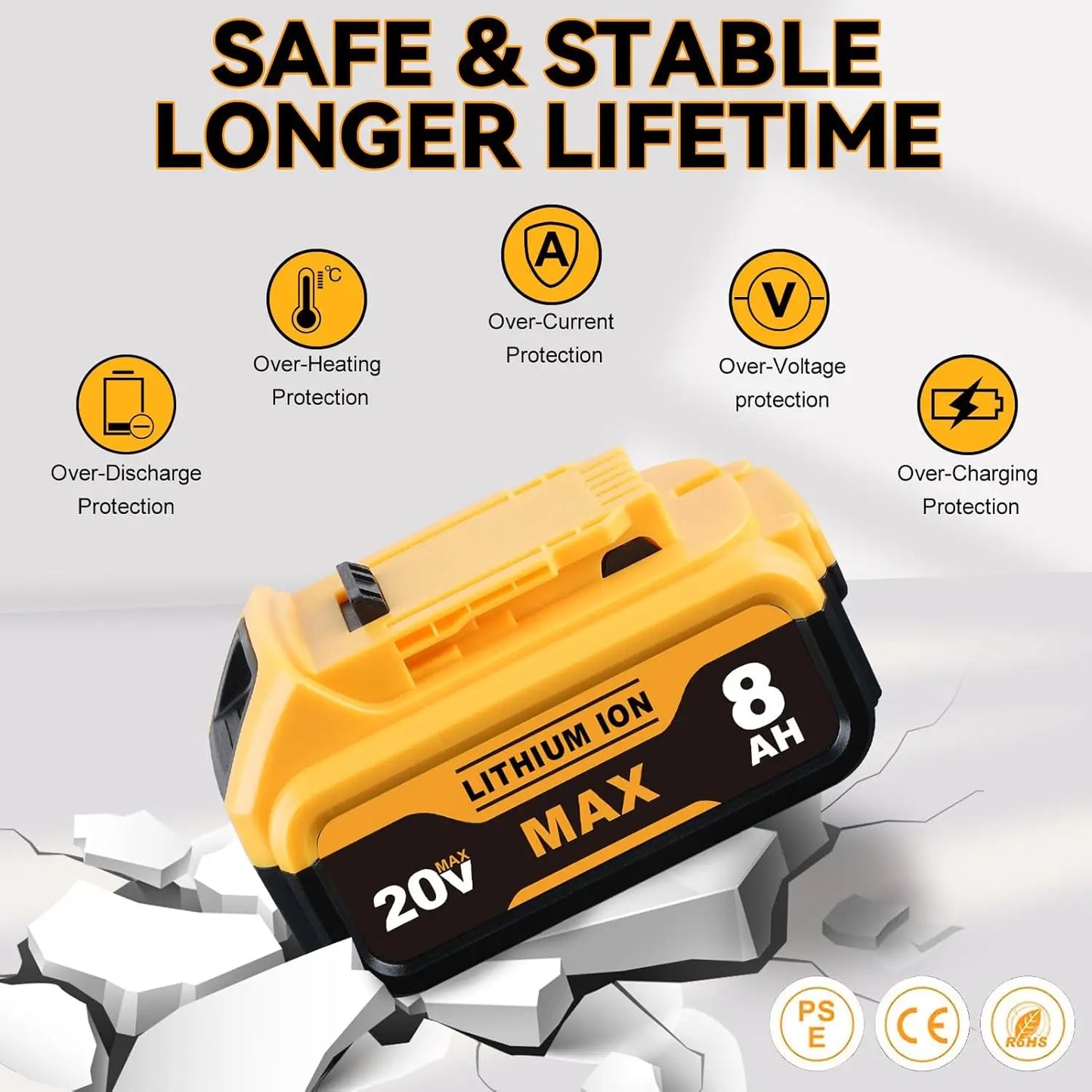 Vanon 1/2Pack DCB205 8.0Ah 20V Lithium Ion Battery 20V DCB201 DCB203 DC20 DCB206 DeWalt/20V Clone