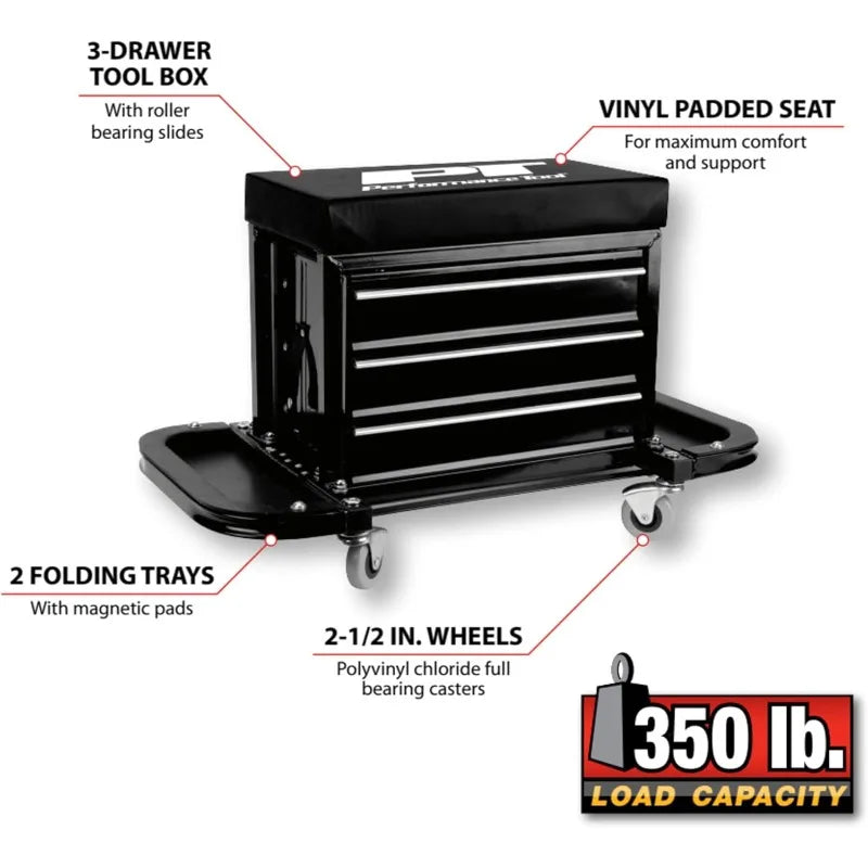 home. W85025 3-Drawer Rolling Tool Chest Seat With Magnetic Side Trays, Black