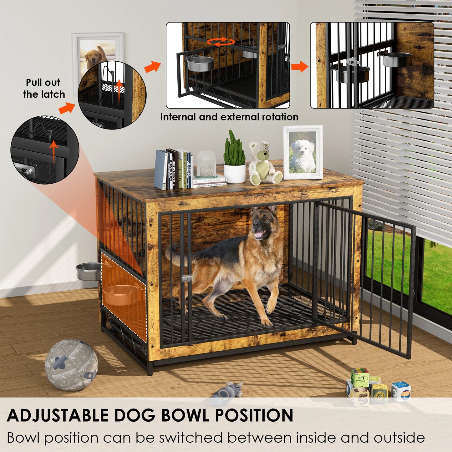 Furniture Style Dog Crate,Wooden Heavy Duty/ Raised Feeder/Dogs 2 Stainless Steel Bowls Brown/Gray