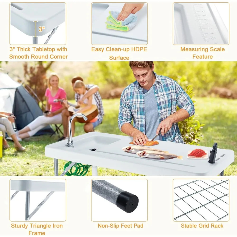 Folding Fish Cleaning Table Portable Sink Table w/Faucet Drain Hose & Sprayer Outdoor Station