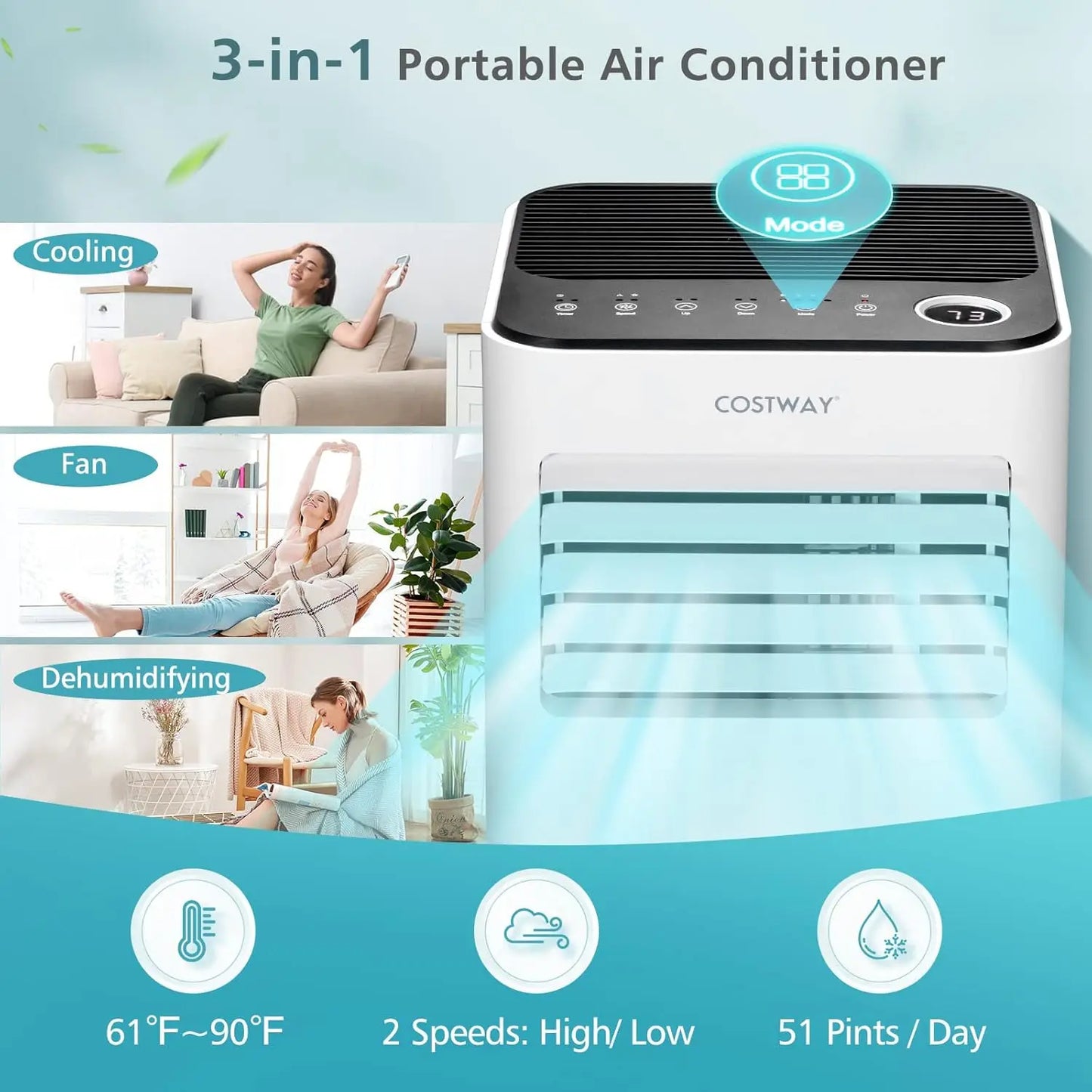 10000 BTU Portable Air Conditioner, w/Fan & Dehumidifier Mode, Quiet AC Unit, 2 Speeds, 24H Timer