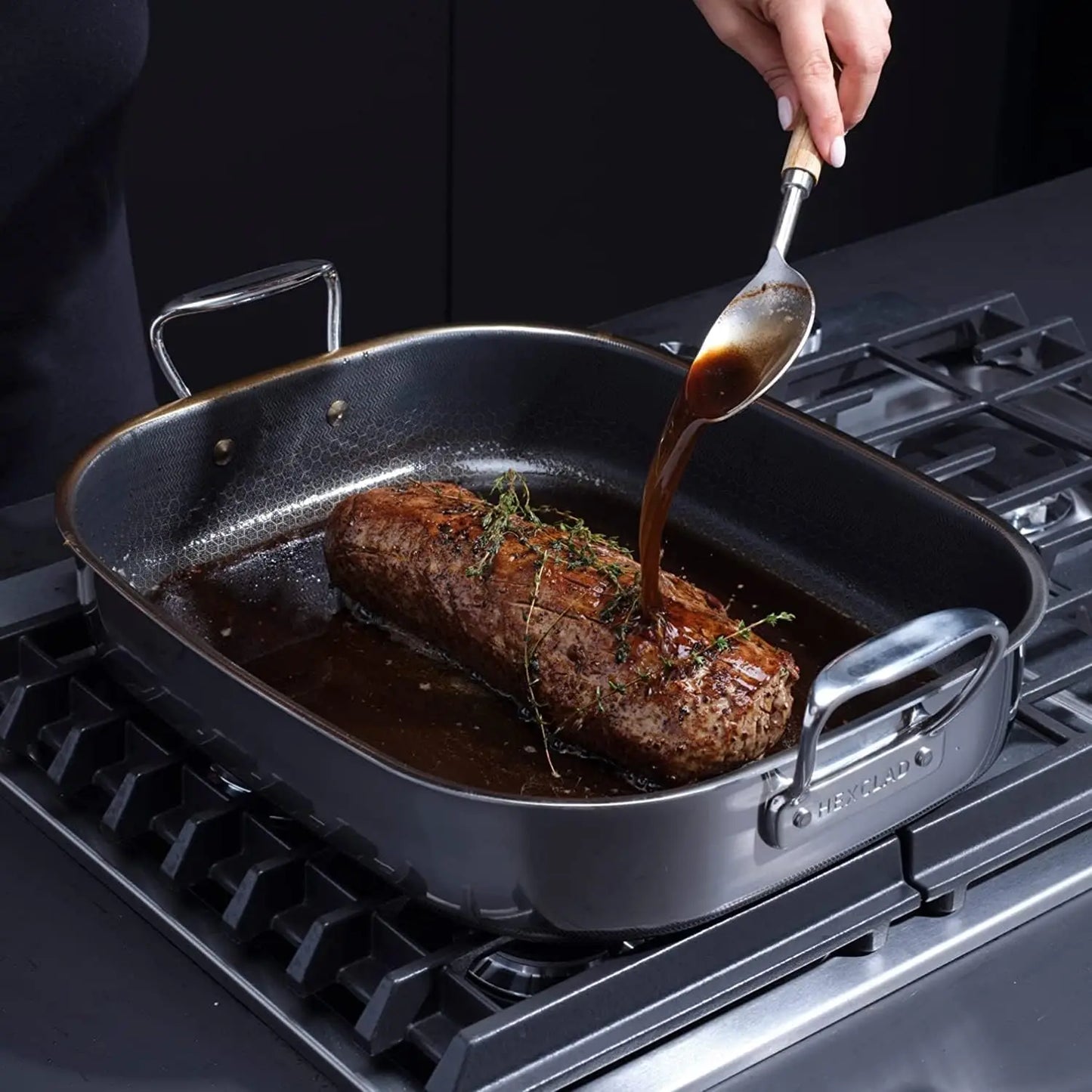 Hexclad Roasting Pan w/ Rack, Dishwasher-Friendly Oven-Safe Up to 900°F, Compatible w/ All Cooktops