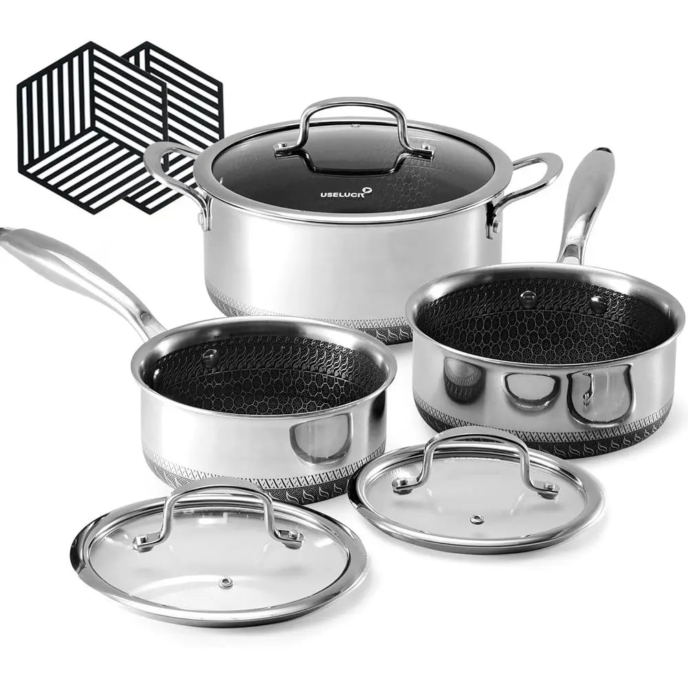 Nonstick 1.5 QT Saucepan & 2 & 5.2 QT Stockpots Set with Glass Lids, Cool Handles, Silicone Trivets, Dishwasher Safe, All Cookto