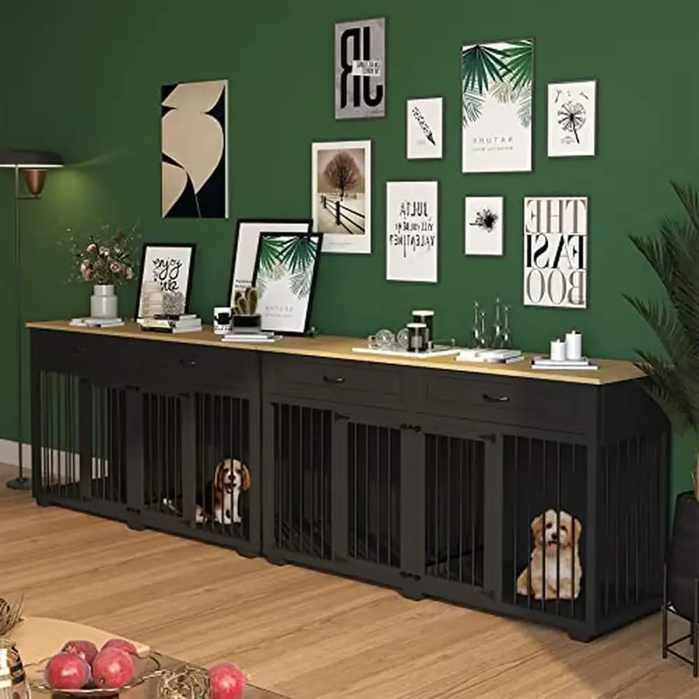 Wooden Dog Crate Double Room Divider Kennel TV Stand Storage Drawers Easy Assembly Indoor Furniture