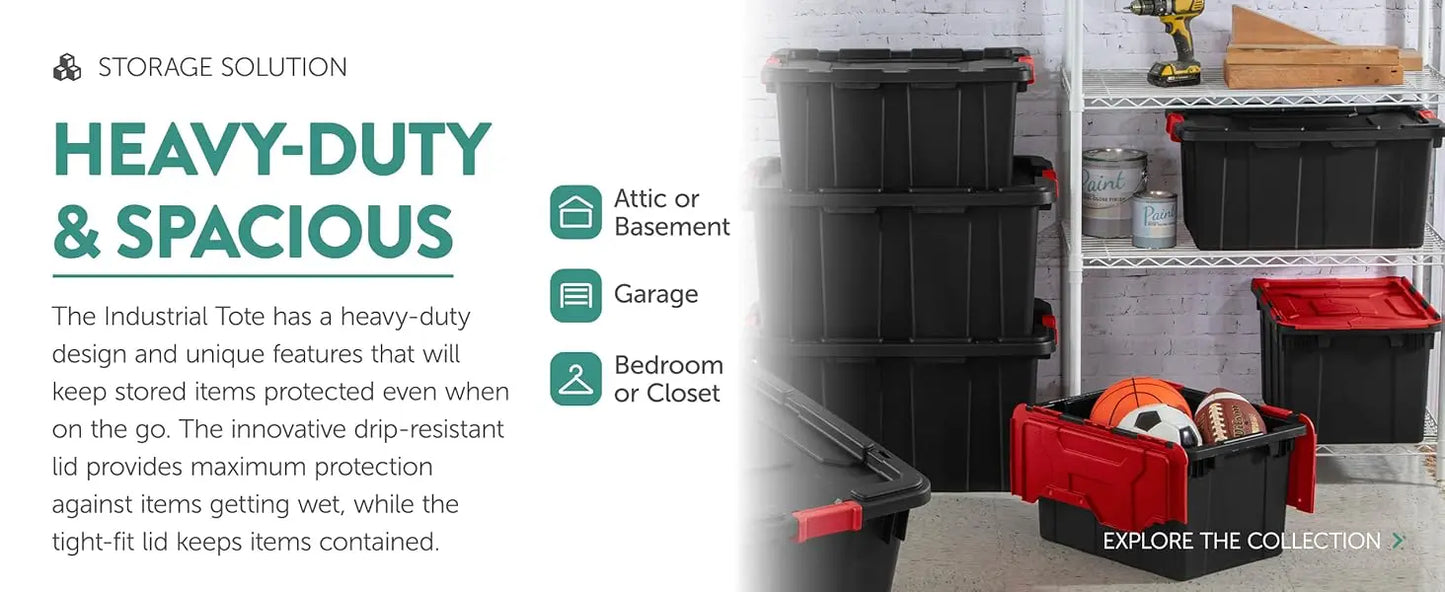 6 Pack Hinged Lid Industrial Totes, 12 Gal Stackable Storage Bins, Black/Red Lid