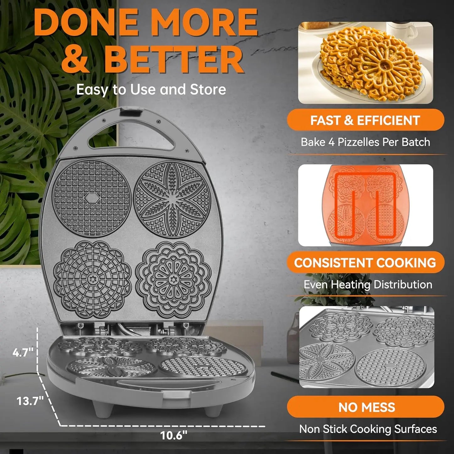 Multi Pizzelle Maker Electric, Stroopwafel Iron, 4 x 4.5'' Pizzelle Waffle Cookies Maker