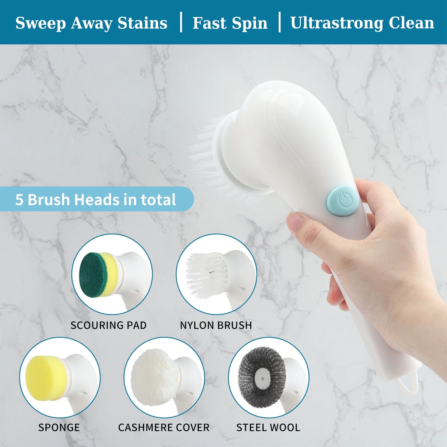 Electric Spin Scrubber Cordless Power Cleaning Brush with 5 Replaceable Brush Heads Rechargeable