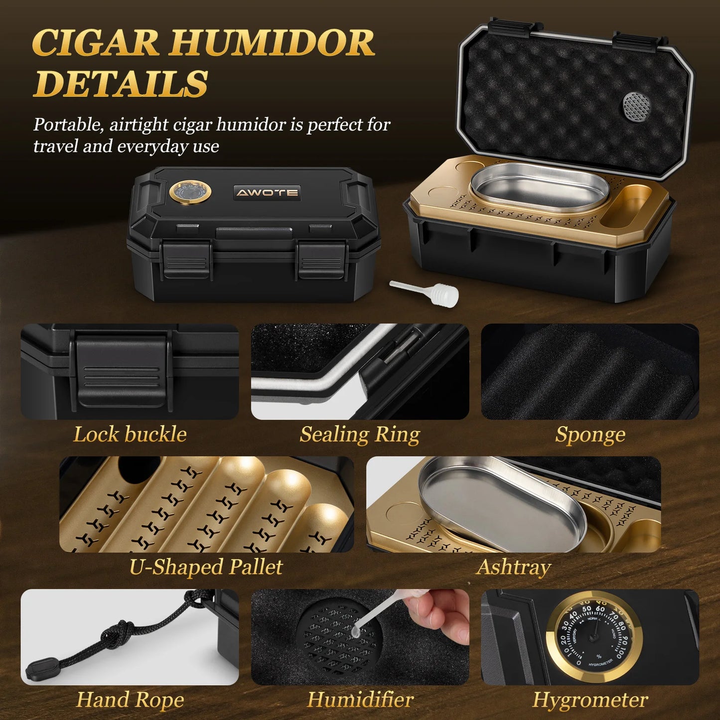 AWOTE Travel Humidor Set w/Torch Lighter, Ashtray, Humidifier & Hygrometer Portable Case Men Gift