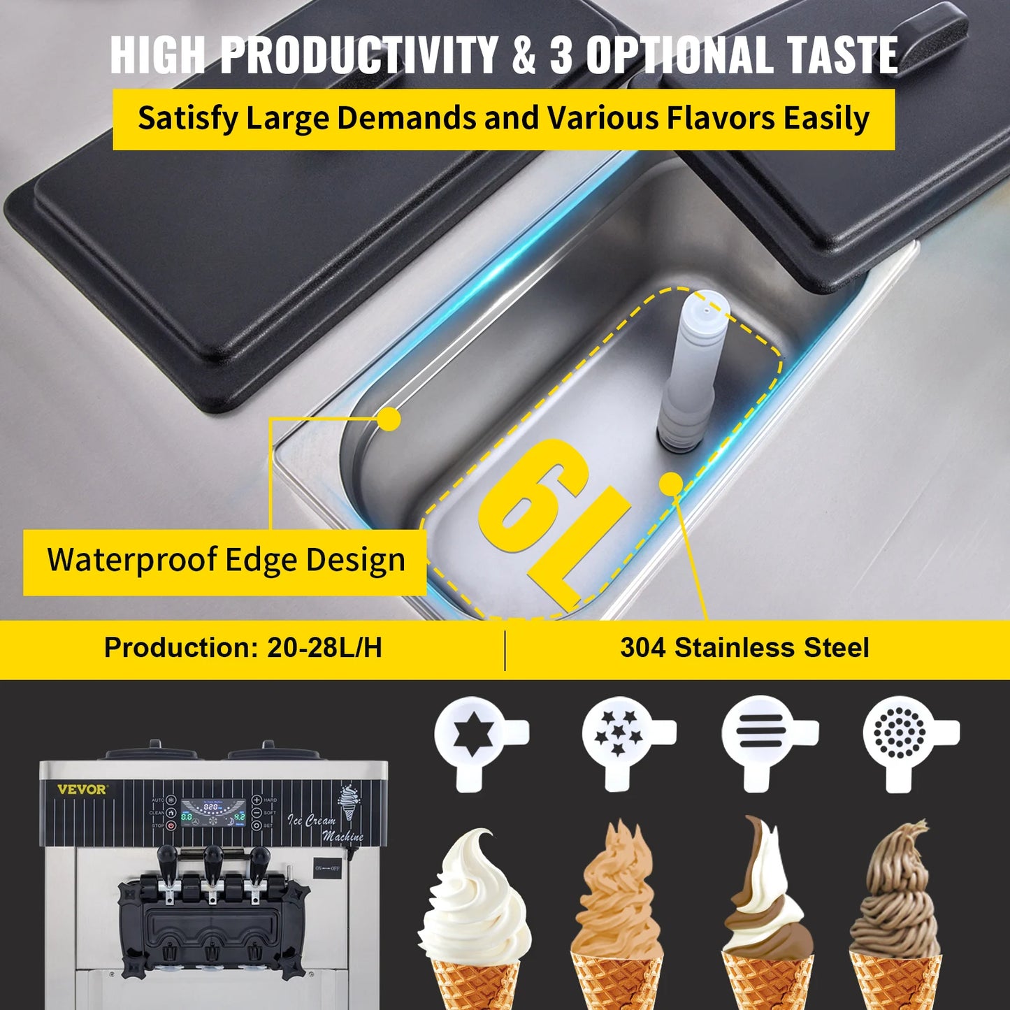 VEVOR 18-28L/H Soft Ice Cream Machines Commercial Sorbet Tricolor Desktop Cone Freezing Equipment