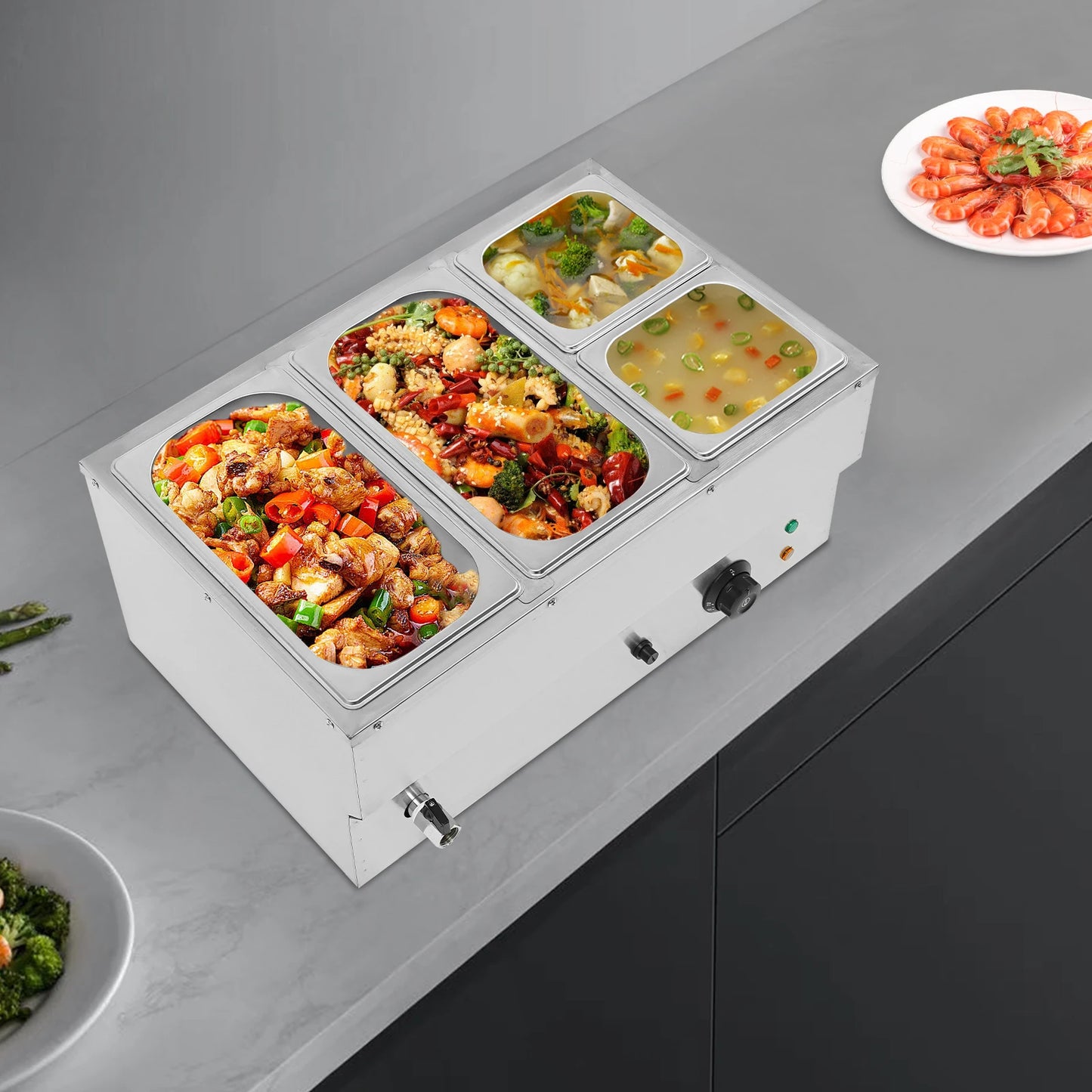 Electric 4-pan Food Warmer Commercial Stainless Steel Buffet Server Adjustable