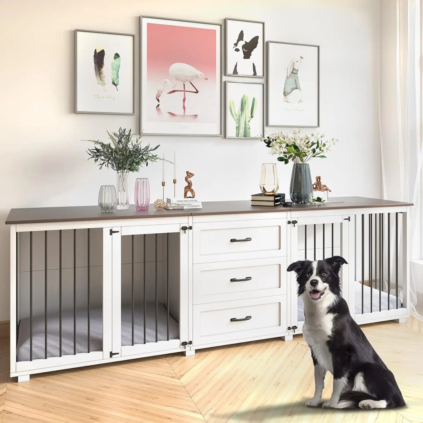 XL Farmhouse Wooden Dog Kennel Furniture with 3 Drawer, Double Doors with Locks, 95"x23"x32"H, White