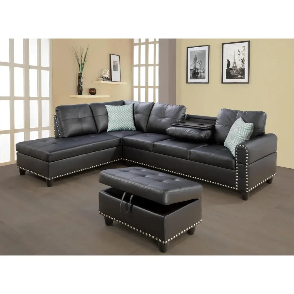 L Shaped Sectional Sofa Set with Storage Ottoman Reversible Back Cushion W/Cupholders