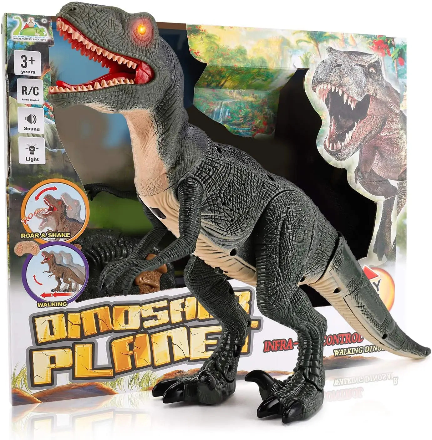 Remote Control R/C Walking Dinosaur Toy with Shaking Head, Light Up Eyes & Sounds (Velociraptor)