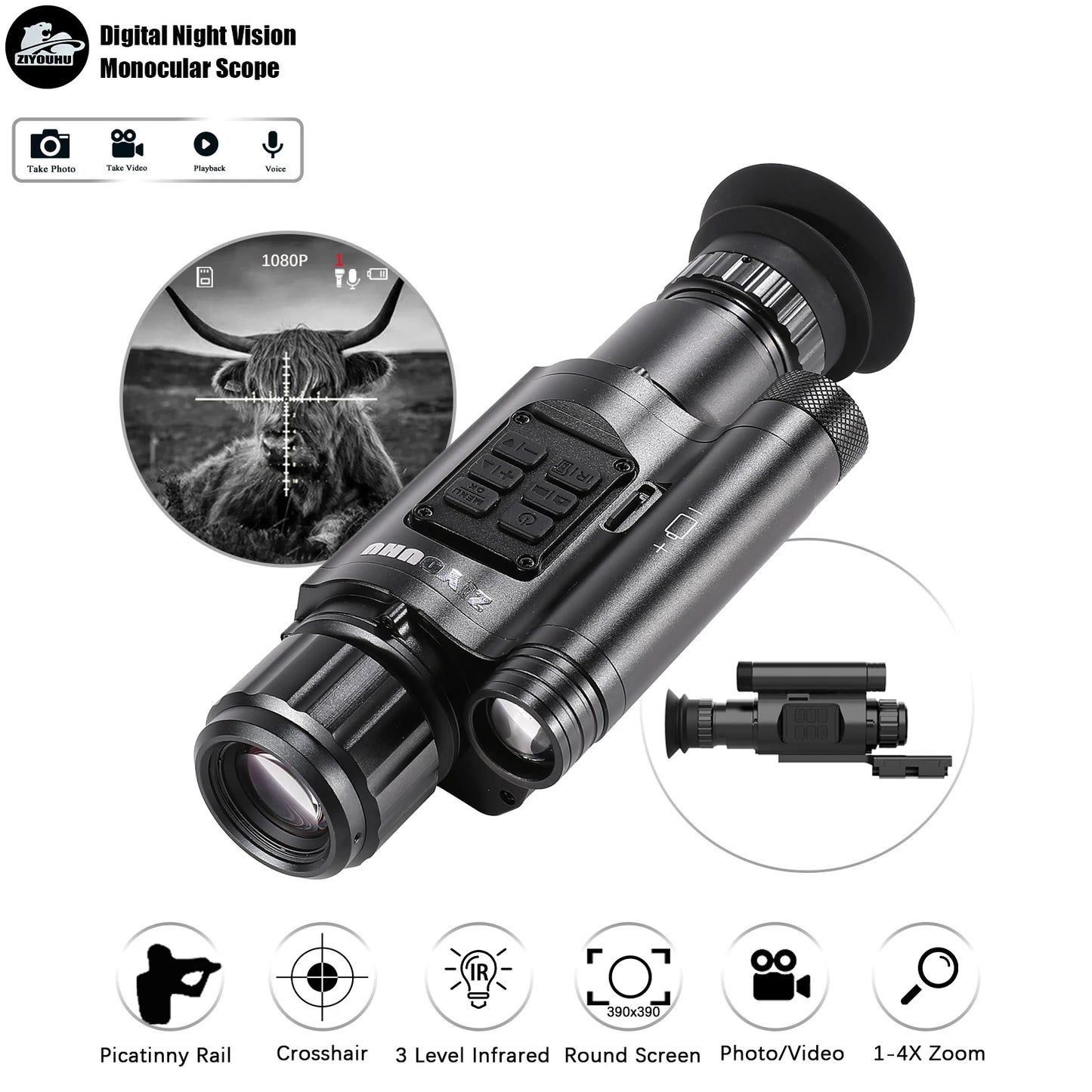 NV075 Digital Night Vision 1080P Video Camera Infrared Monocular Optics Lens Hunting Night Scope