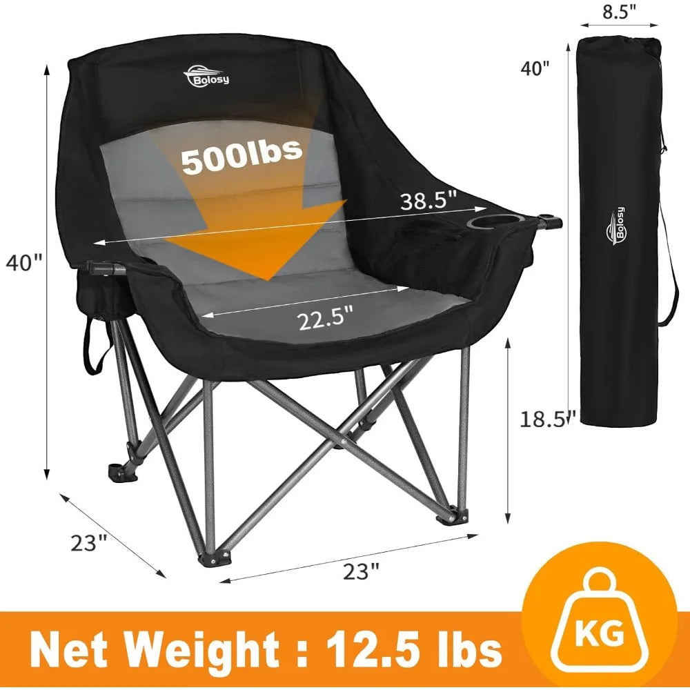 Oversized XL Camping Chair, Heavy Duty 500 lbs Support, Padded Folding Lawn Chair w/Cup Holder