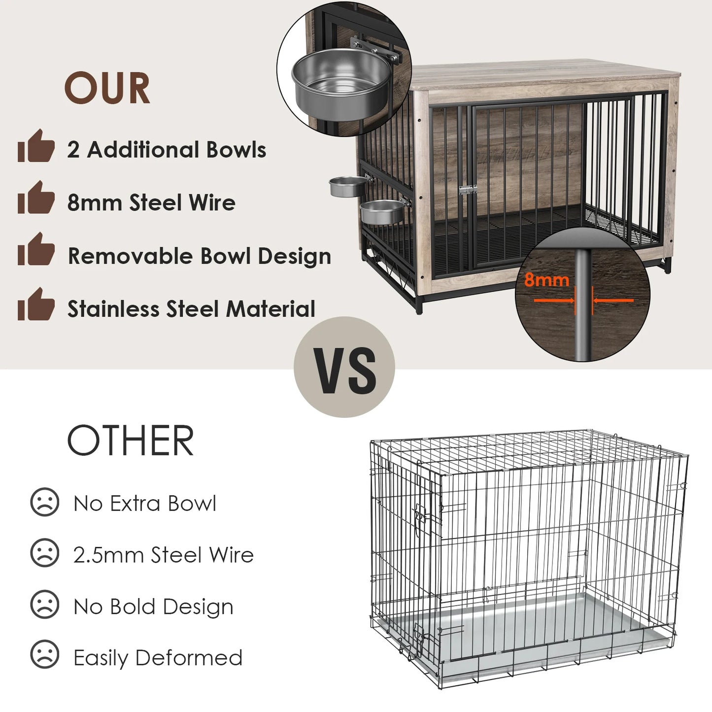 Furniture Style Dog Crate,Wooden Heavy Duty/ Raised Feeder/Dogs 2 Stainless Steel Bowls Brown/Gray