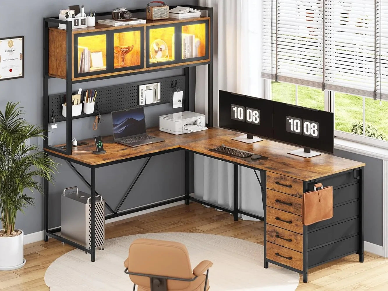 SEDETA L Shaped Gaming Desk with Drawers, L Shaped Computer Desk with Hutch and Storage Shelves