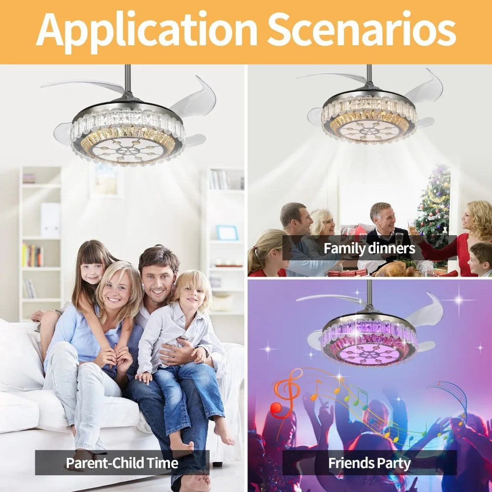 2024 New 42" Retractable Ceiling Fan LED Light&Remote,Modern Chandelier w/ Bluetooth Music Player