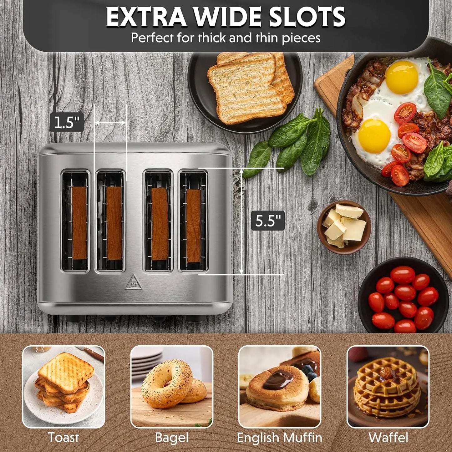 DT440 4 Slice Toaster, Stainless Steel Toaster with Extra Wide Slots for Bagels, Muffins, Lift Lever