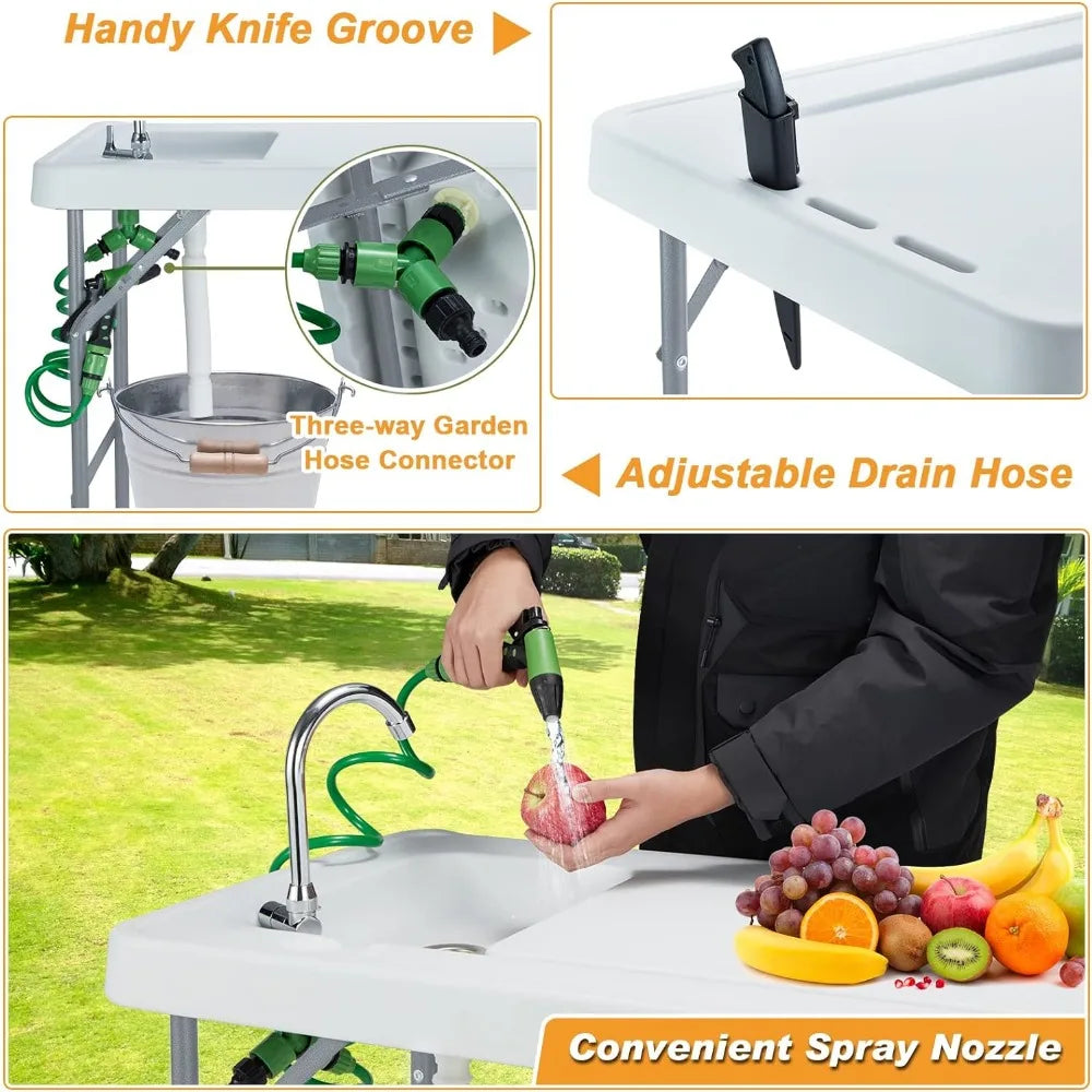 Folding Fish Cleaning Table Portable Sink Table w/Faucet Drain Hose & Sprayer Outdoor Station