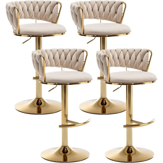 Gold Bar 4 Stools, Counter Height Bar Stools w/Low Back, Velvet Adjustable Height Barstool 360°