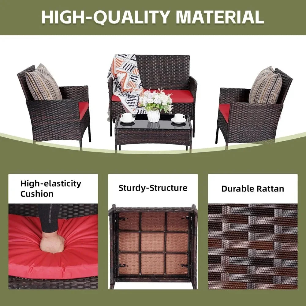 Set 4 Pieces Conversation Sets Wicker Rattan Chairs Garden Loveseat & Tempered Glass Table